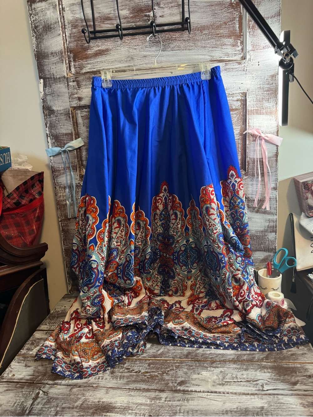 Cupio Cobalt Blue Maxi Skirt with Multicolor Paisley Hem - Picture 2 of 5